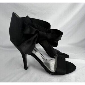 The Touch of Nina Women 9M Black Satin Bow Ankle Strap Stiletto Heels Sandals